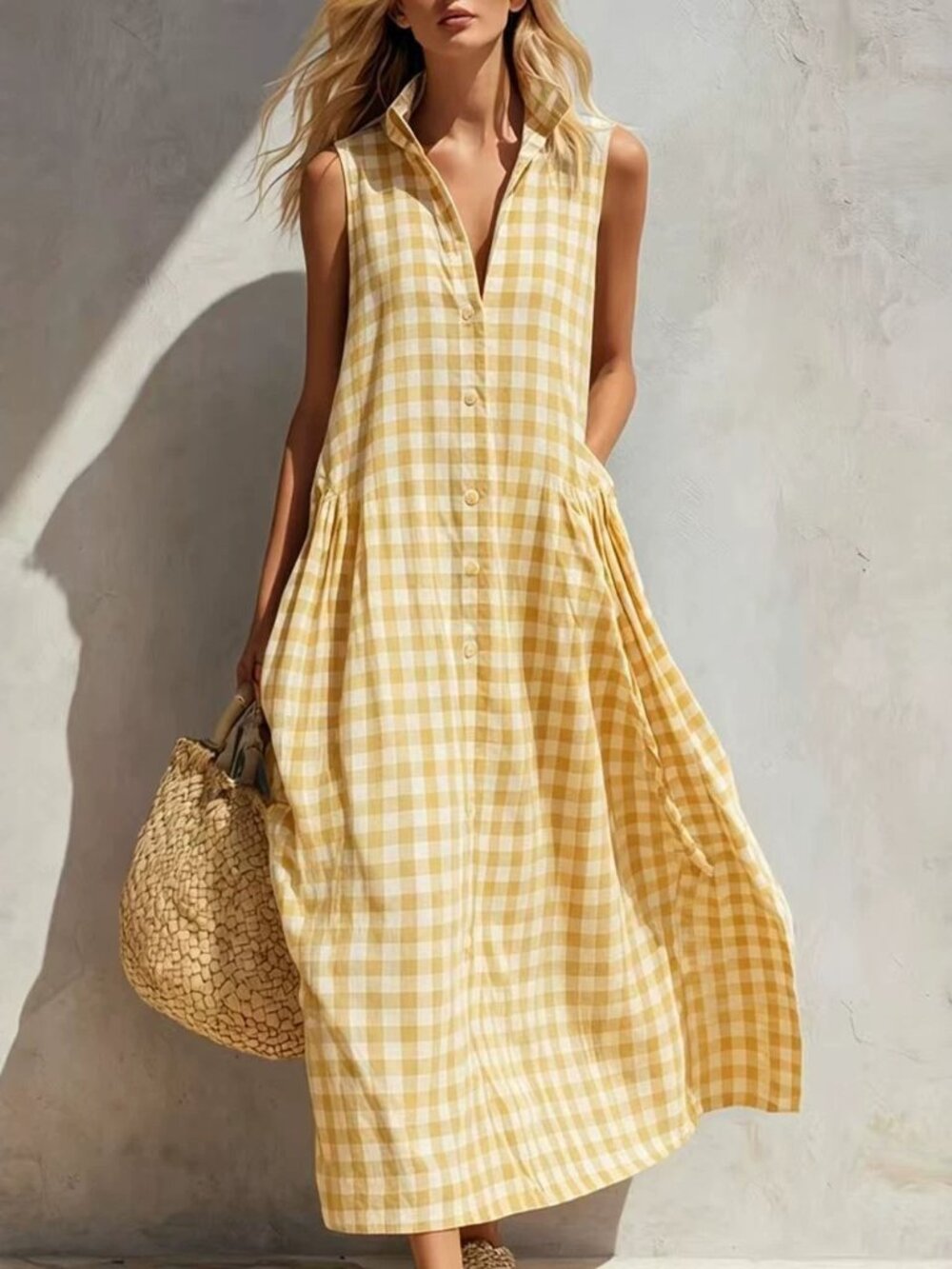 Women's Yellow Gingham Collared Sleeveless Relaxed Maxi Dress